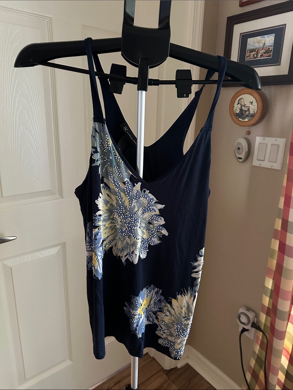 INC International Concepts Navy Floral Rhinestone Camisole